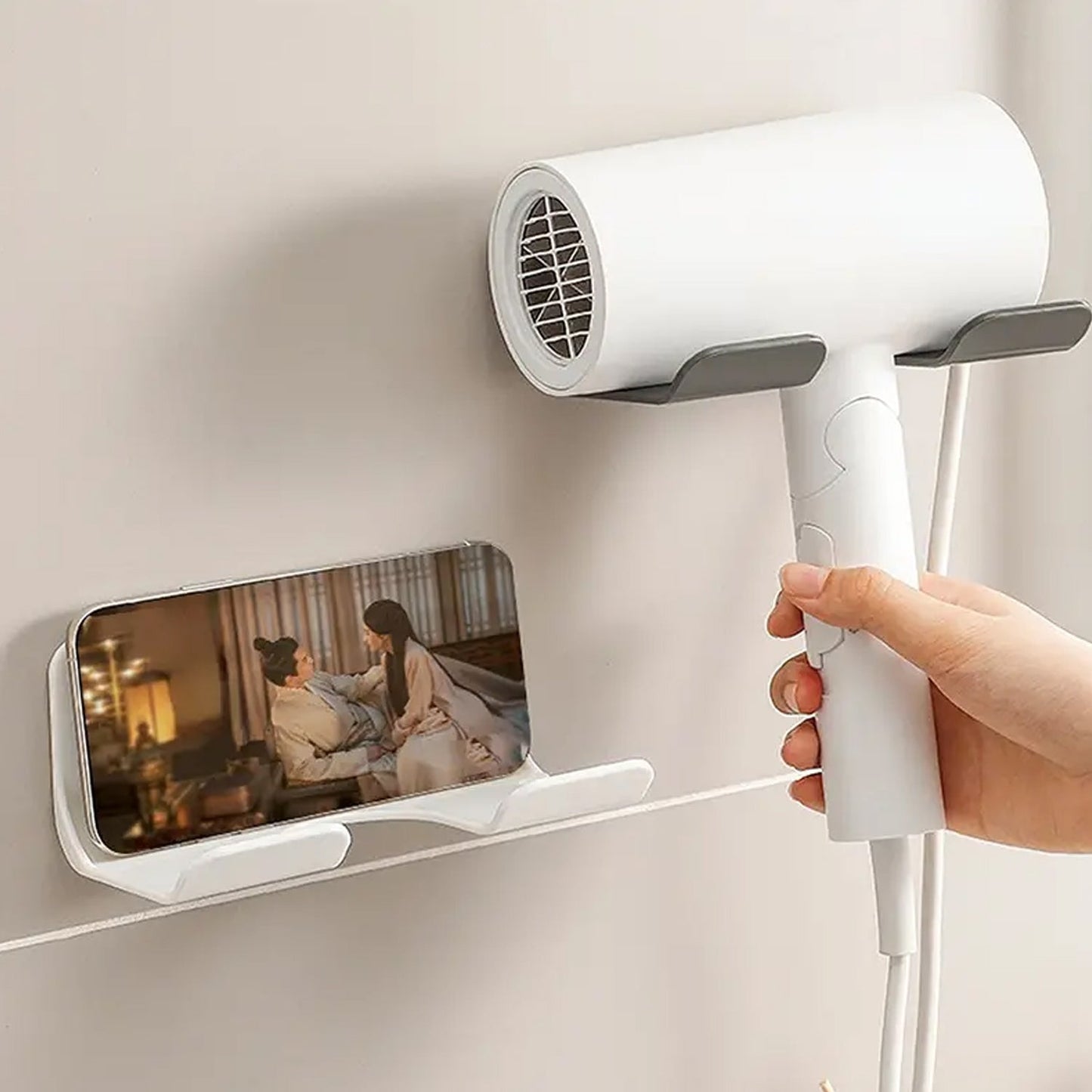 Wall Mounted Hair Dryer Storage Rack With Hook (1 Pc)